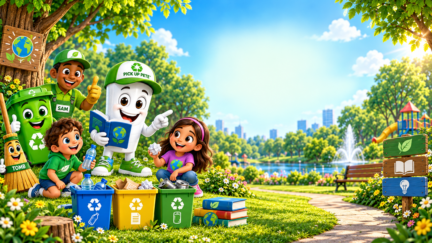 Pick Up Pete teaching children near recycling bins and books in a sunny park