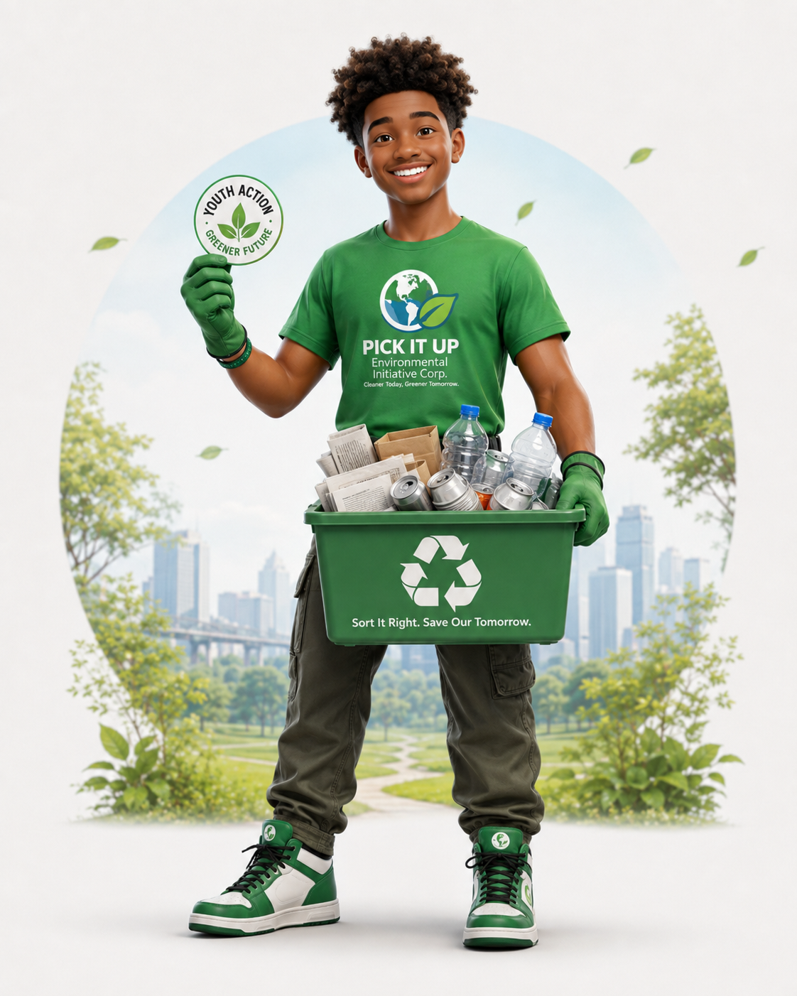 A smiling young person in a green shirt holding a Youth Action badge and a recycling bin.