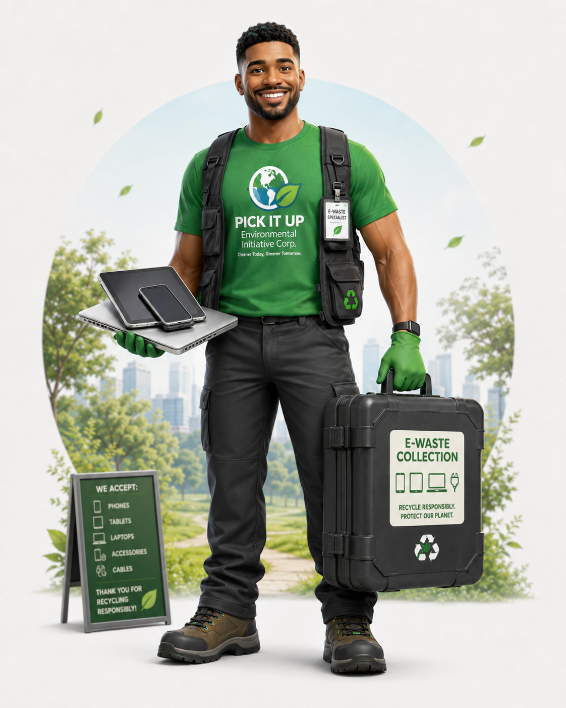 An e-waste specialist in a green uniform holding electronics and an e-waste collection case.