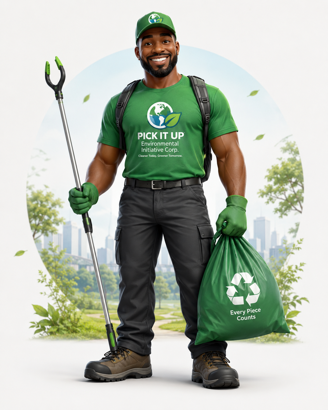 A smiling real-world environmental helper in a green uniform holding a trash grabber and a recycling bag in a park.