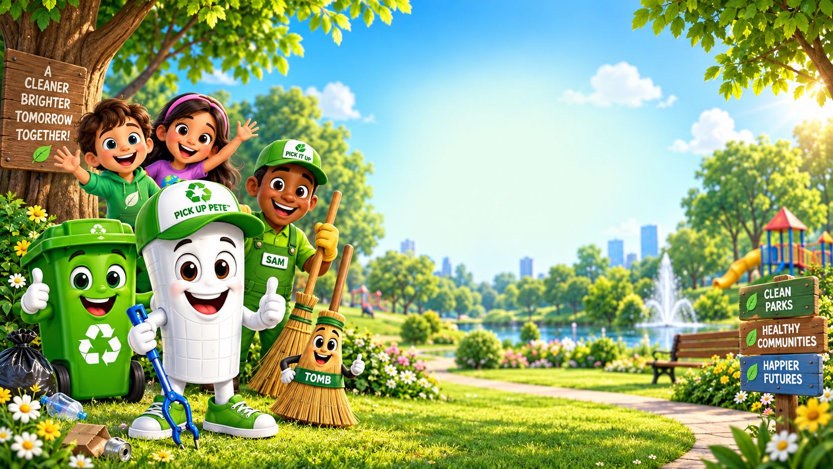 Pick Up Pete and friends in a bright, sunny park