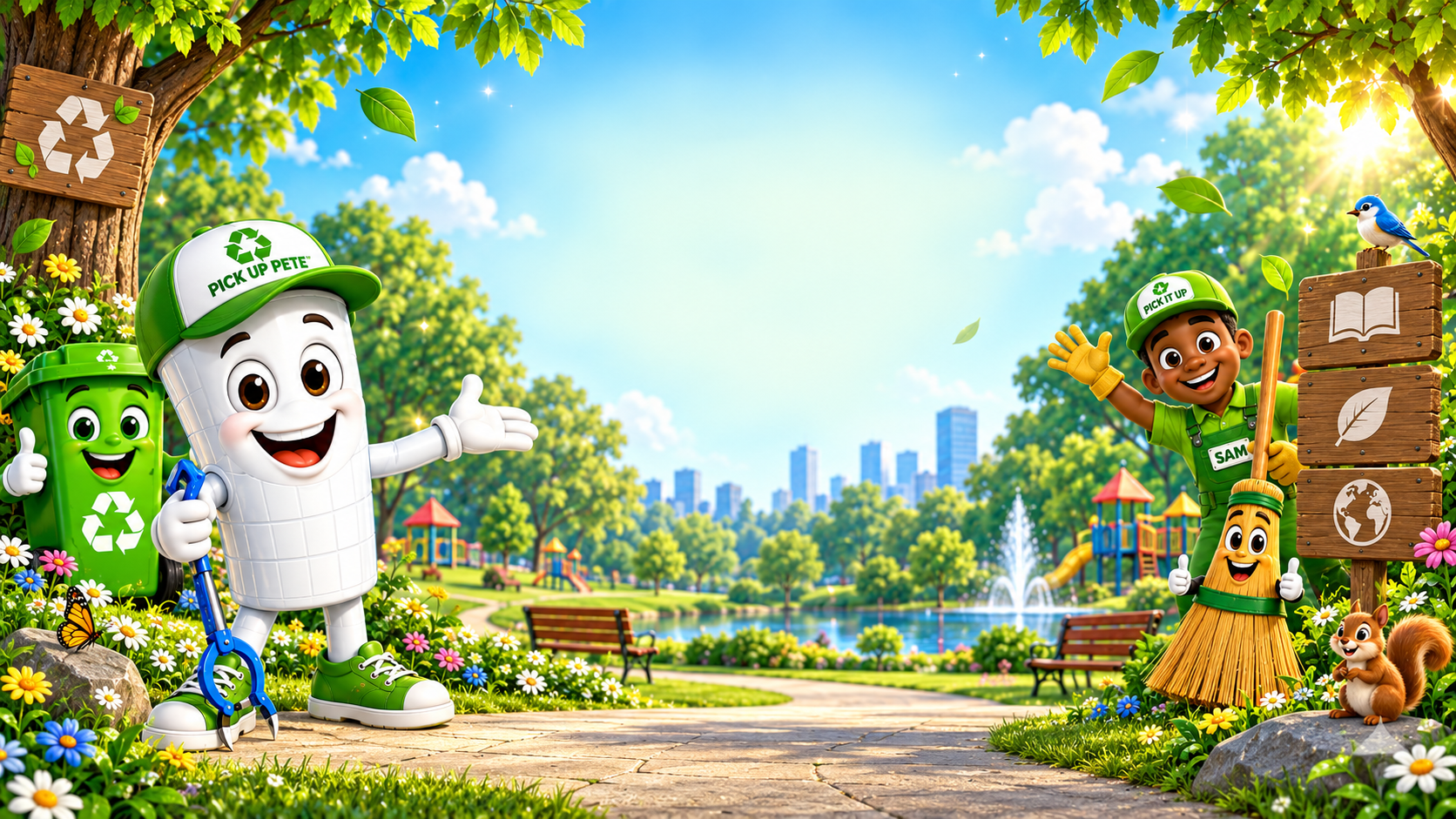 Pick Up Pete and helper characters in a bright environmental learning park