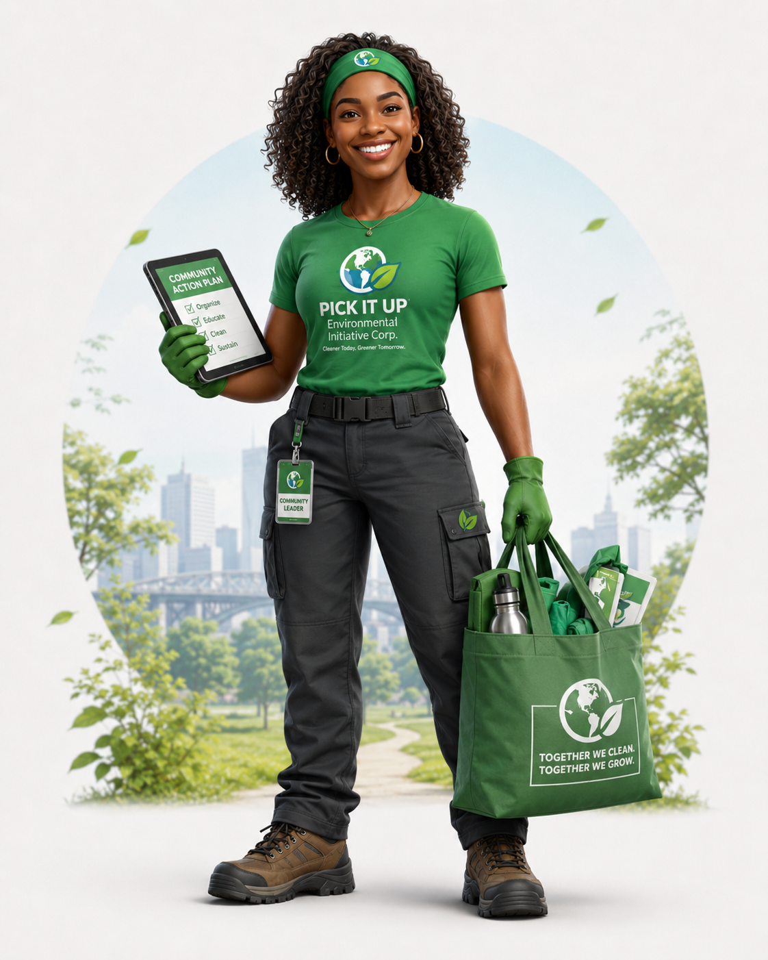 A smiling community leader in a green shirt holding a tablet showing a community action plan and a green tote bag.
