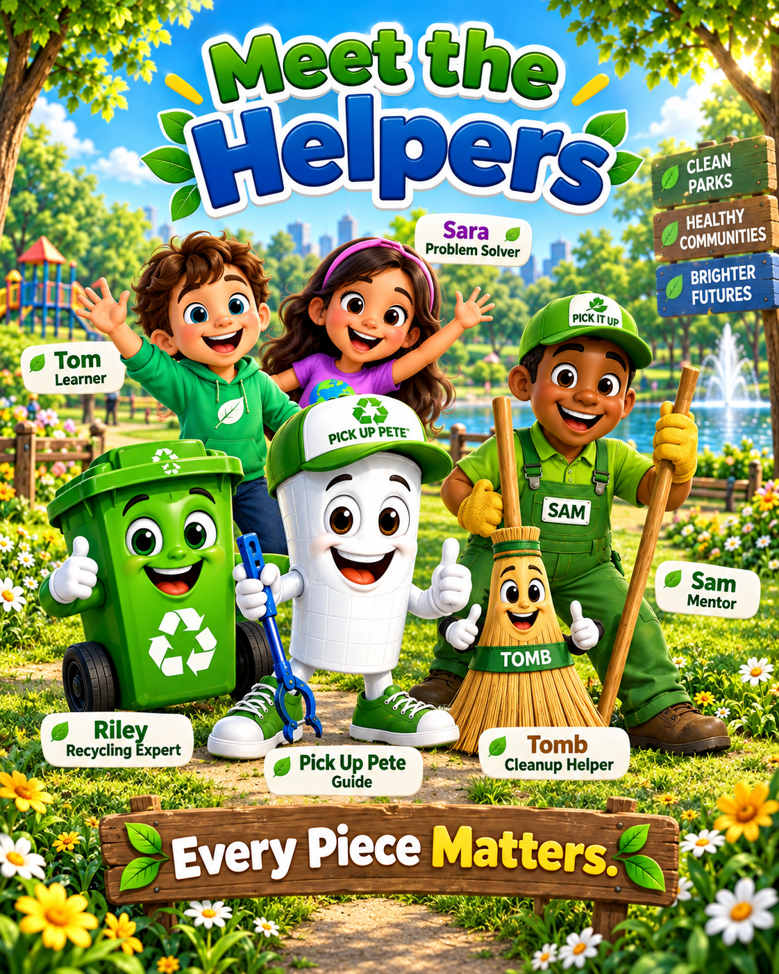 The Pick Up Pete team of helper characters in a sunny park
