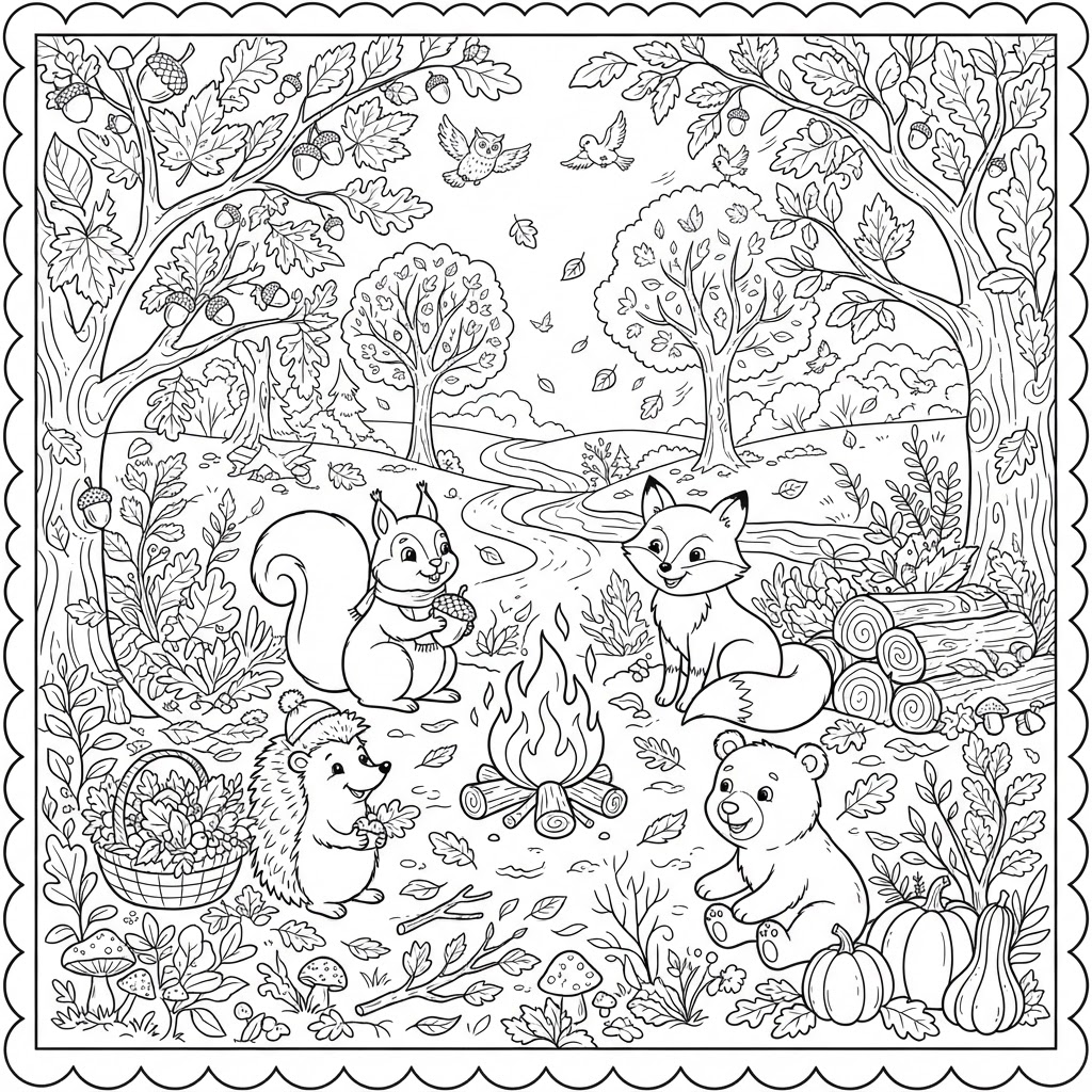 Hedgehog with Fall Leaves Coloring Page