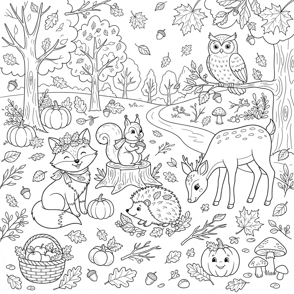 Fox in Autumn Leaves Coloring Page