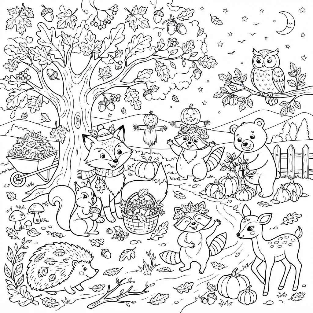 Squirrel Gathering Acorns Coloring Page