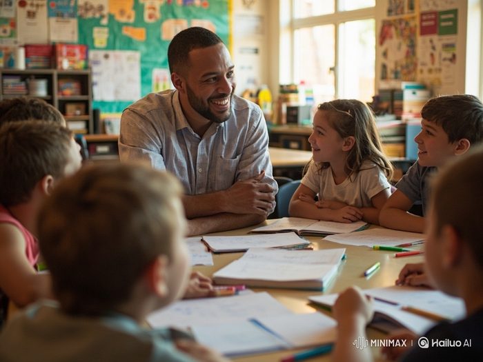 A teacher working with students in a classroom