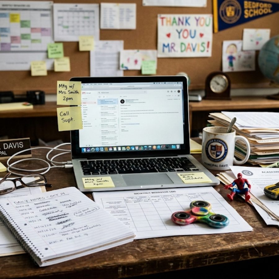 A cluttered principal desk covered in sticky notes