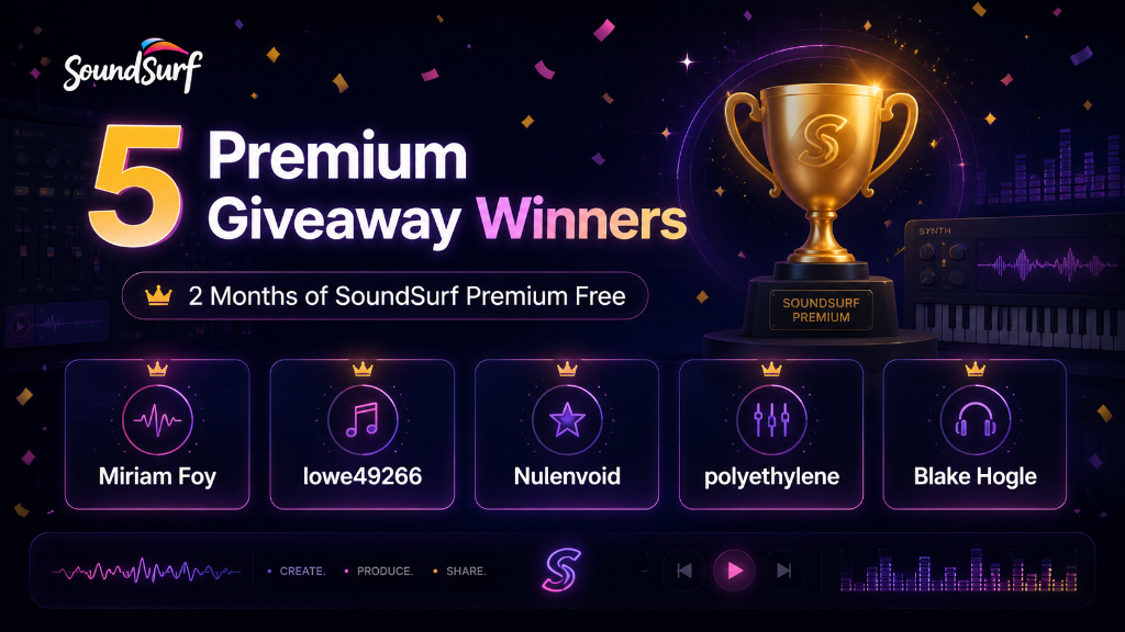 SoundSurf Premium Giveaway winners with a gold trophy and the five winner names
