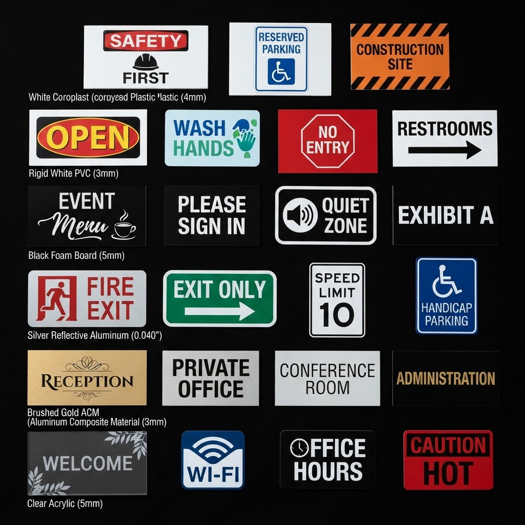 Top-down variety of custom signs in coroplast, PVC, foam board, reflective, ACM and acrylic, mostly sharp corners