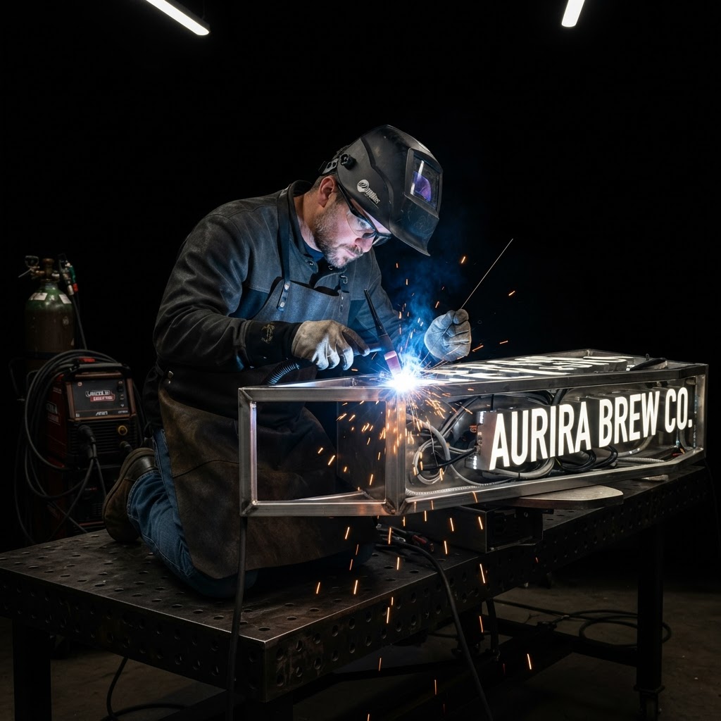 Metal fabricator welding a custom aluminum sign frame with sparks flying