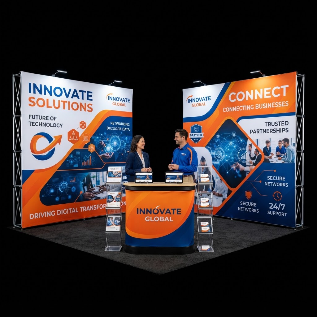 Large tradeshow event booth with towering printed display walls