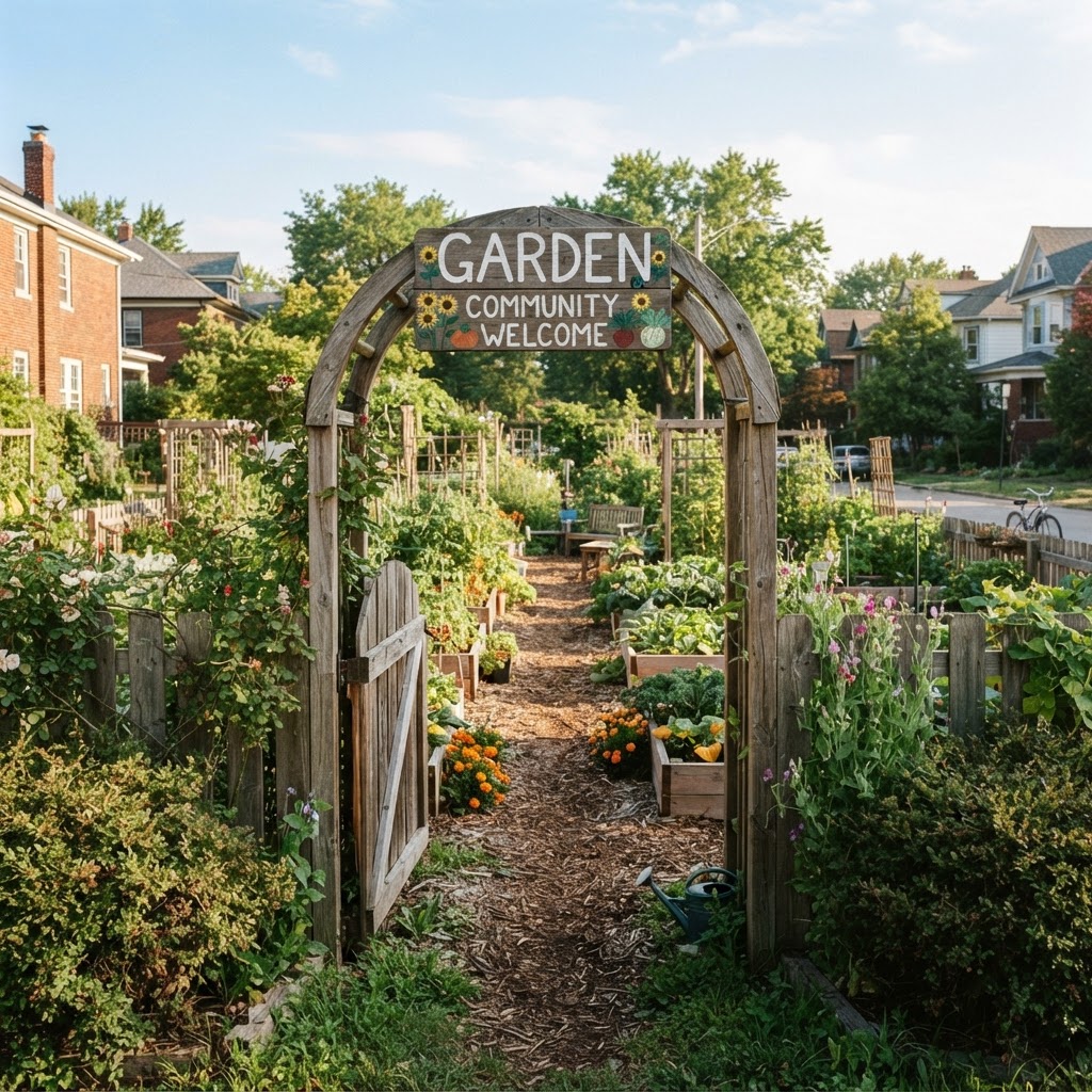 A path leading through a flourishing community garden