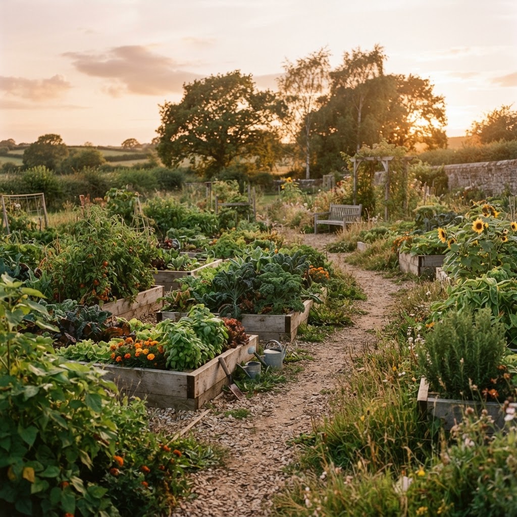 A flourishing community garden at golden hour