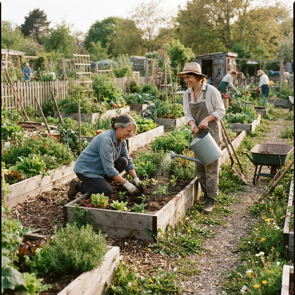 Two gardeners tending raised beds together
