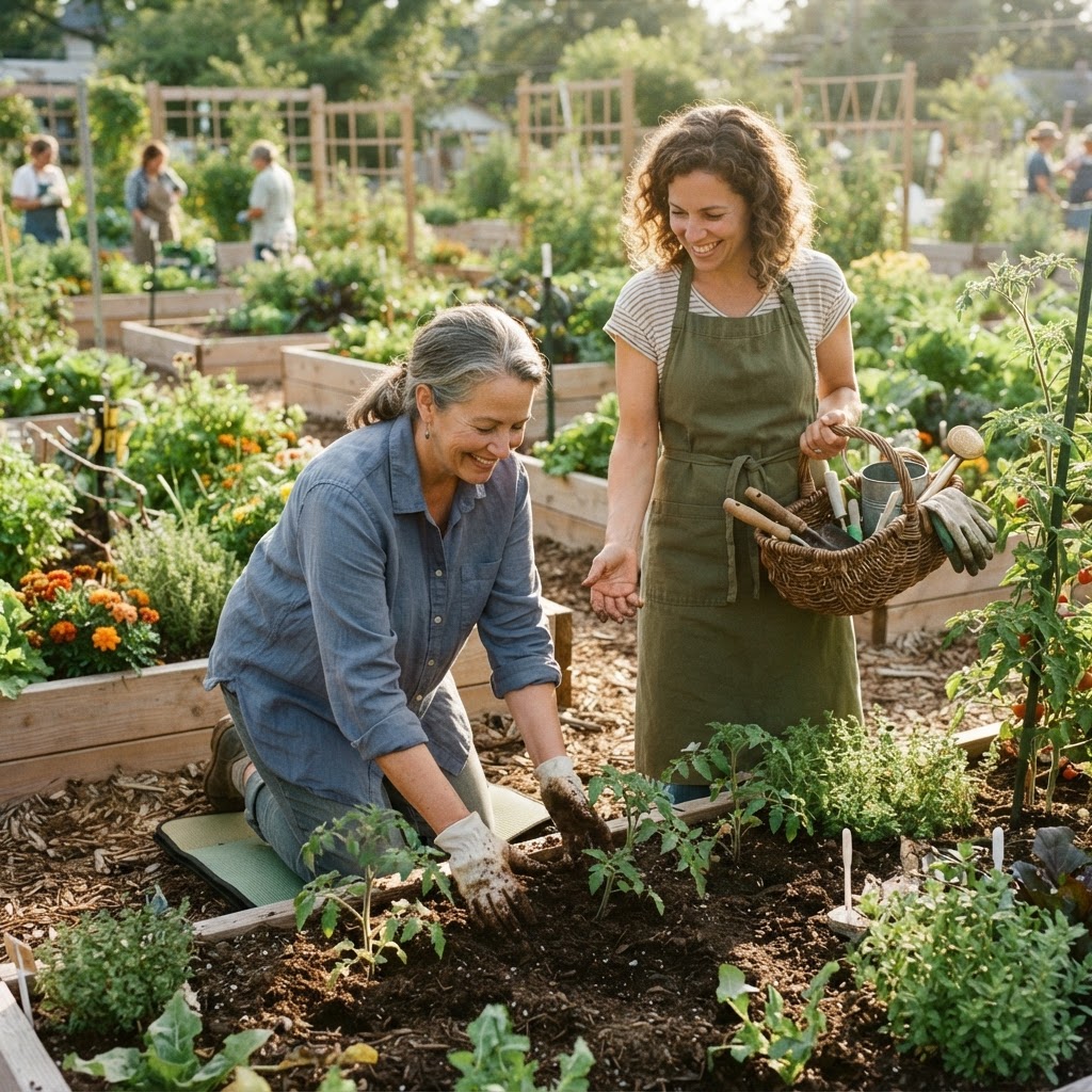 Gardeners tending a community garden together