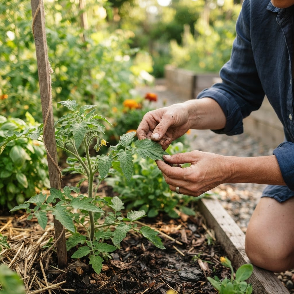 Raised garden beds filled with young plants