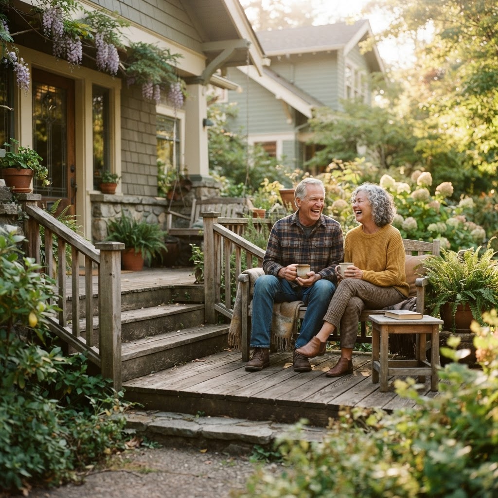 Smiling older couple relaxing together on the porch of their home