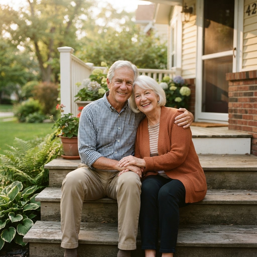 A married couple in their early seventies sitting together on the front porch of their home