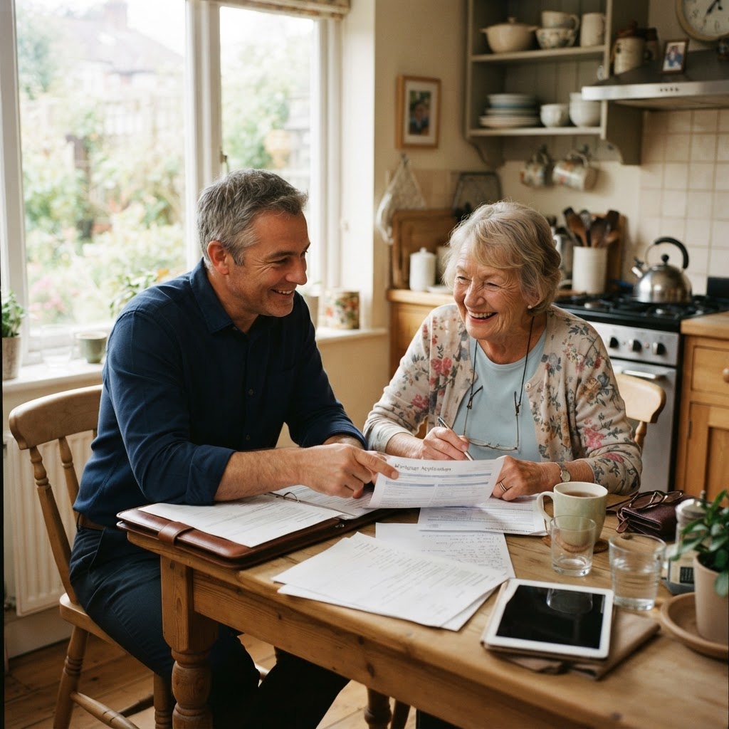 Advisor reviewing options with a homeowner at her kitchen table