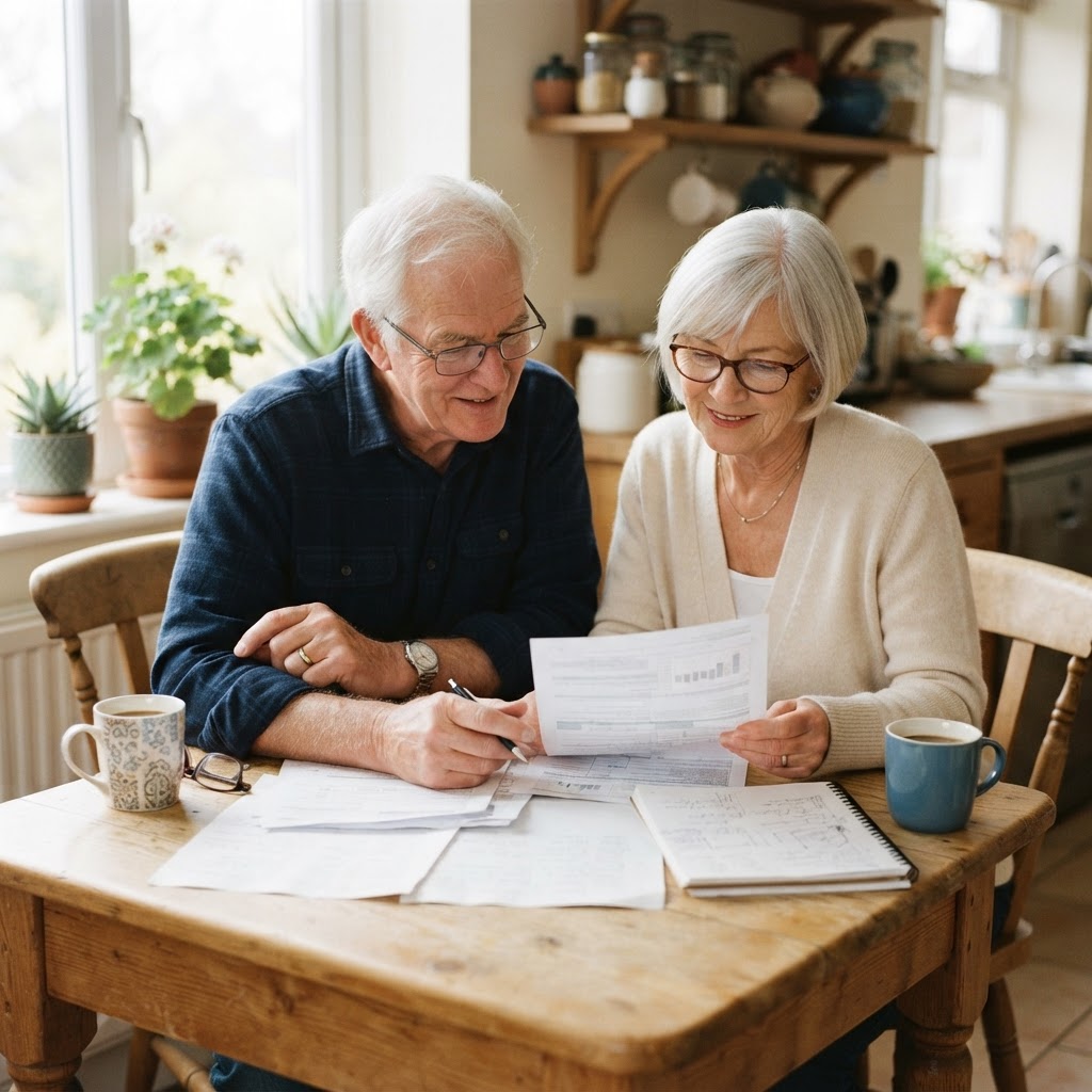 A couple in their late sixties reviewing paperwork together at their kitchen table