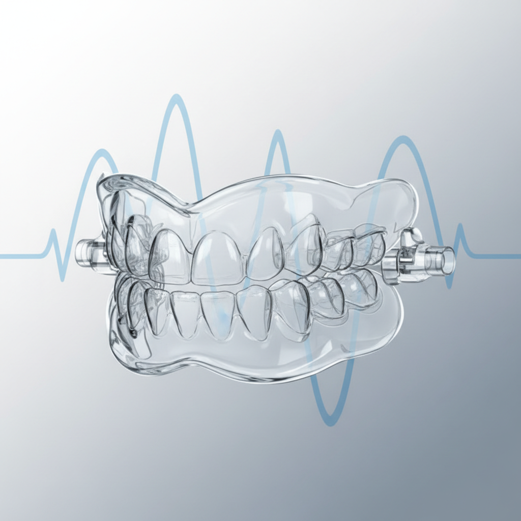 Clinical editorial illustration of a custom oral appliance used for sleep apnea treatment.