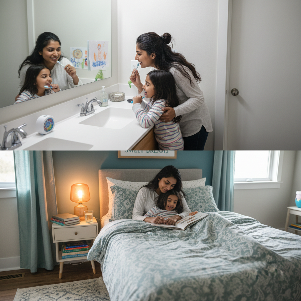 Parent and child following a calming bedtime routine before school