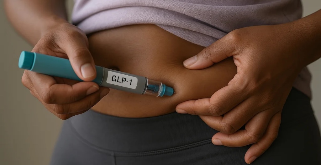 Patient administering a GLP-1 weekly injection