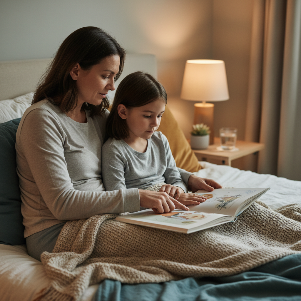 Parent and child following a calm bedtime reading routine