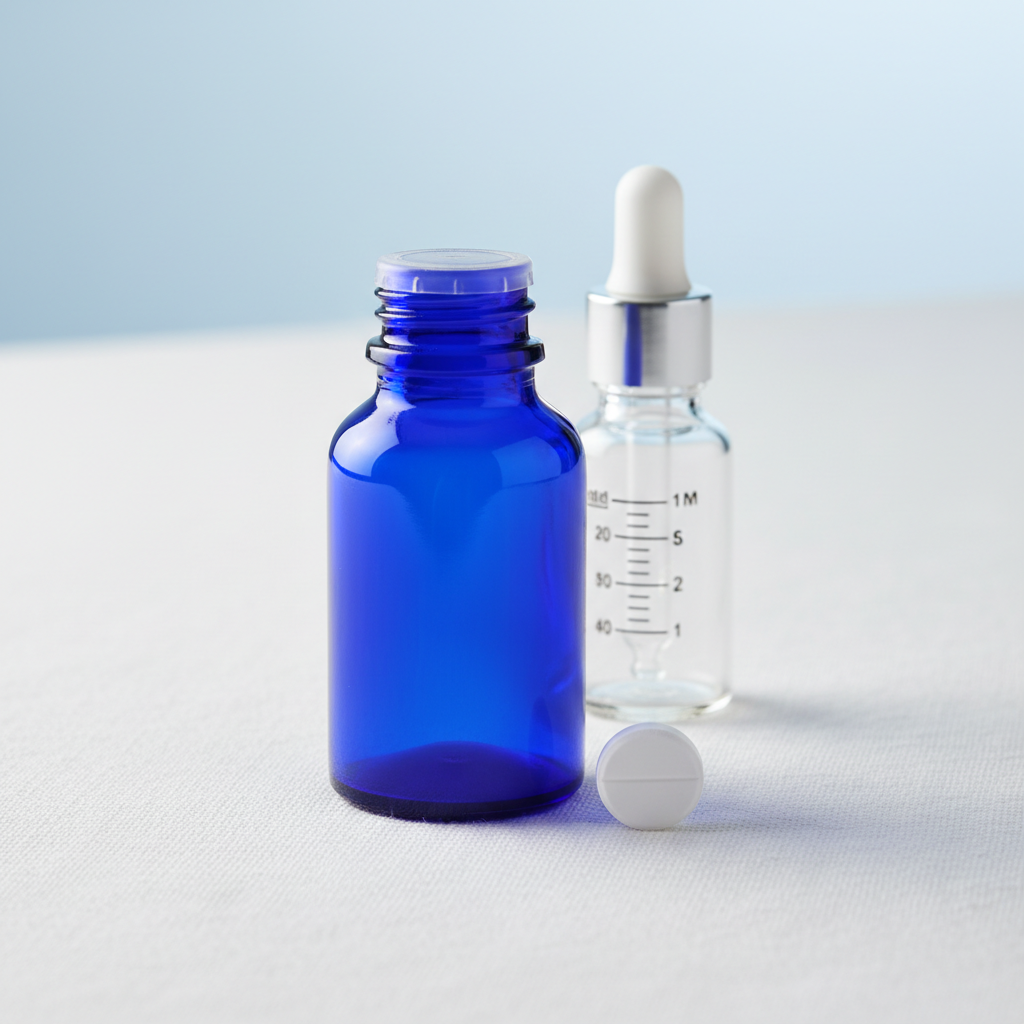 Editorial medical still life showing melatonin supplement dosage concept