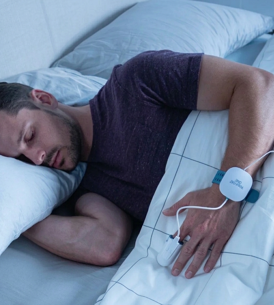 Man wearing home sleep test device in bed