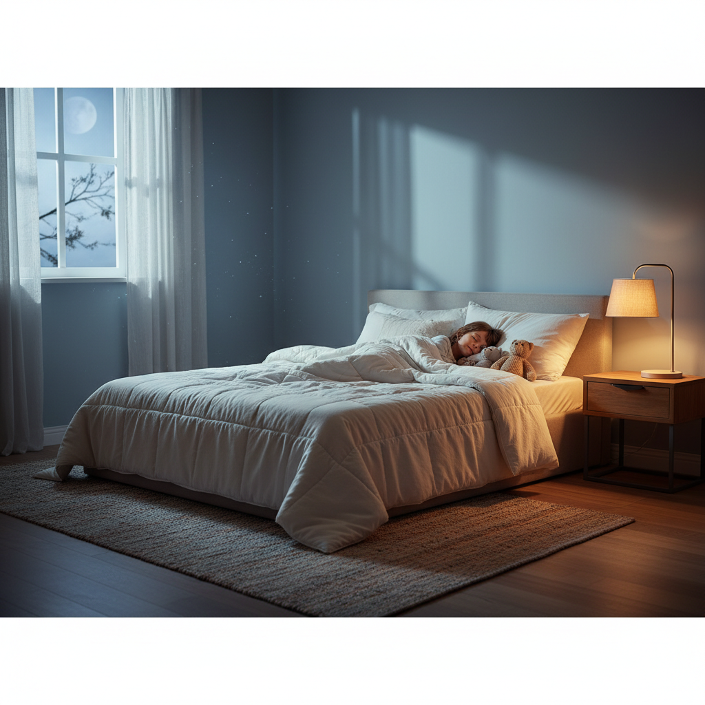 Child sleeping peacefully in a calm, healthy sleep environment