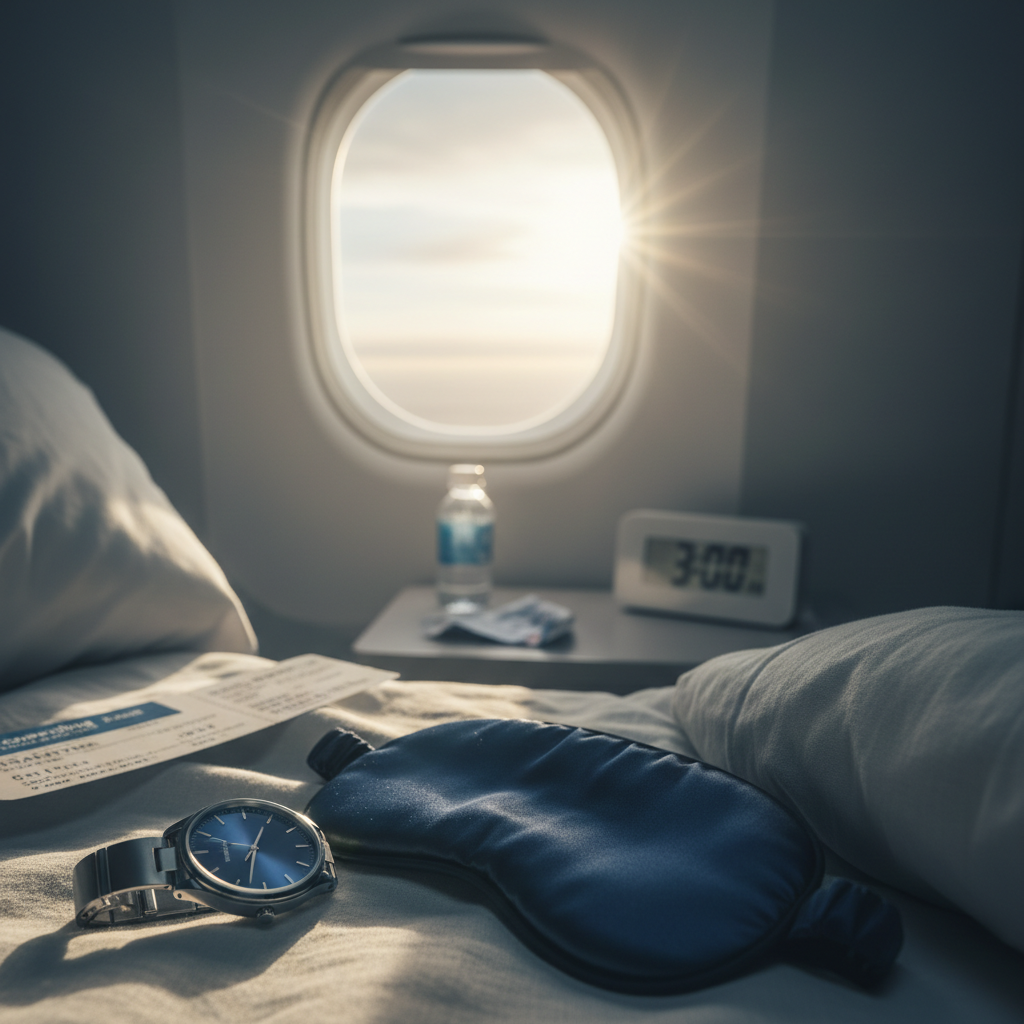Editorial clinical image representing circadian rhythm disruption and jet lag