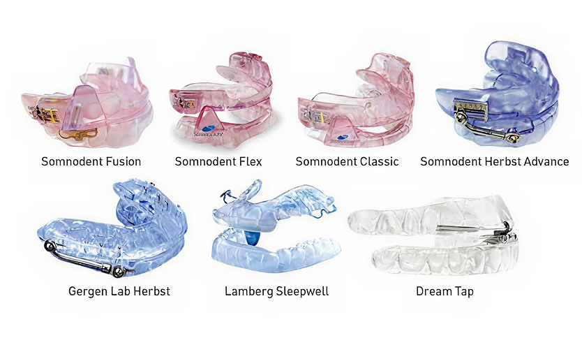 Examples of custom oral appliance therapy devices used for sleep apnea treatment.