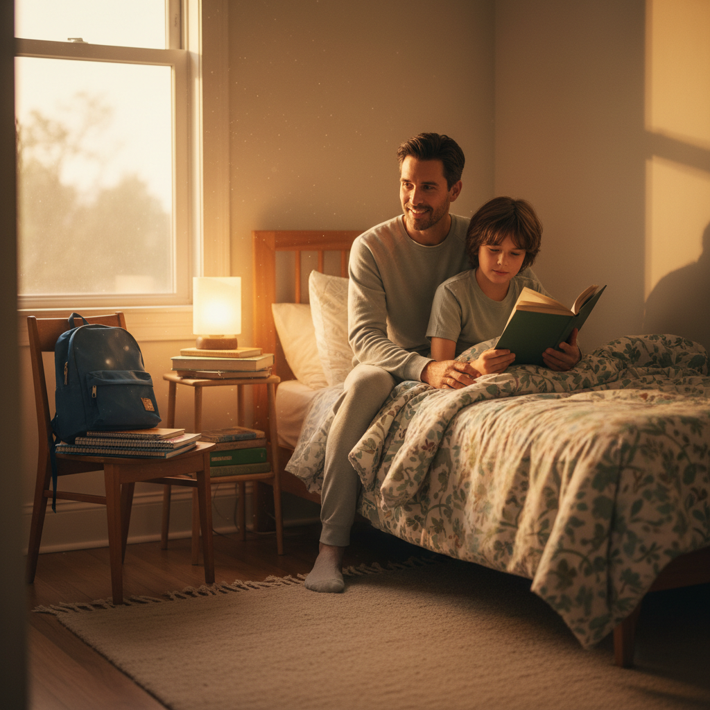Parent helping a child reset bedtime before the school year starts