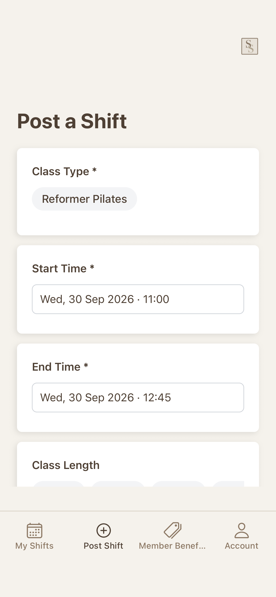 Studio Subs app — Post a Shift screen