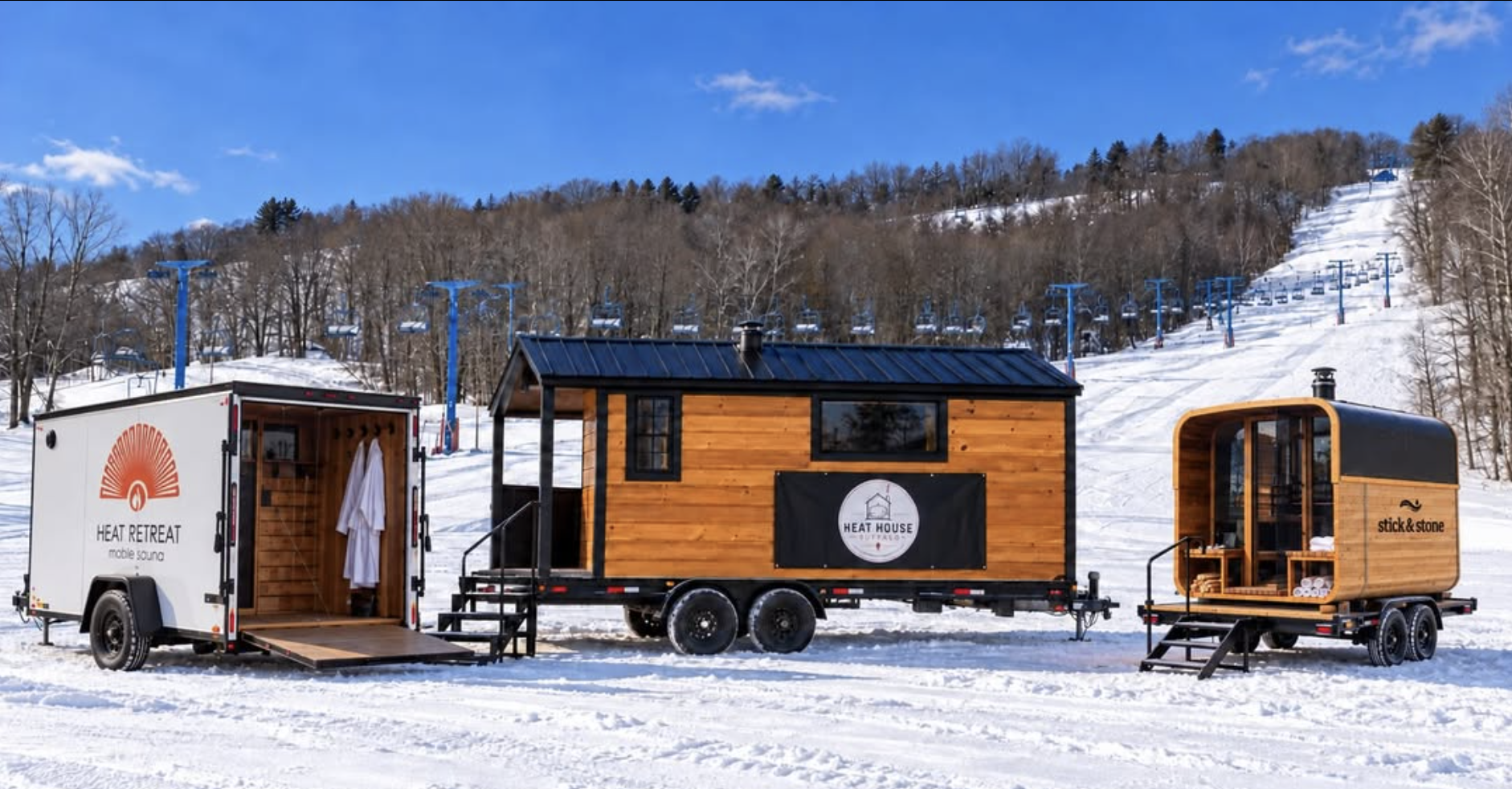 SnowBelt Sauna Fest at Buffalo Ski Center — 3 mobile sauna trailers in the snow
