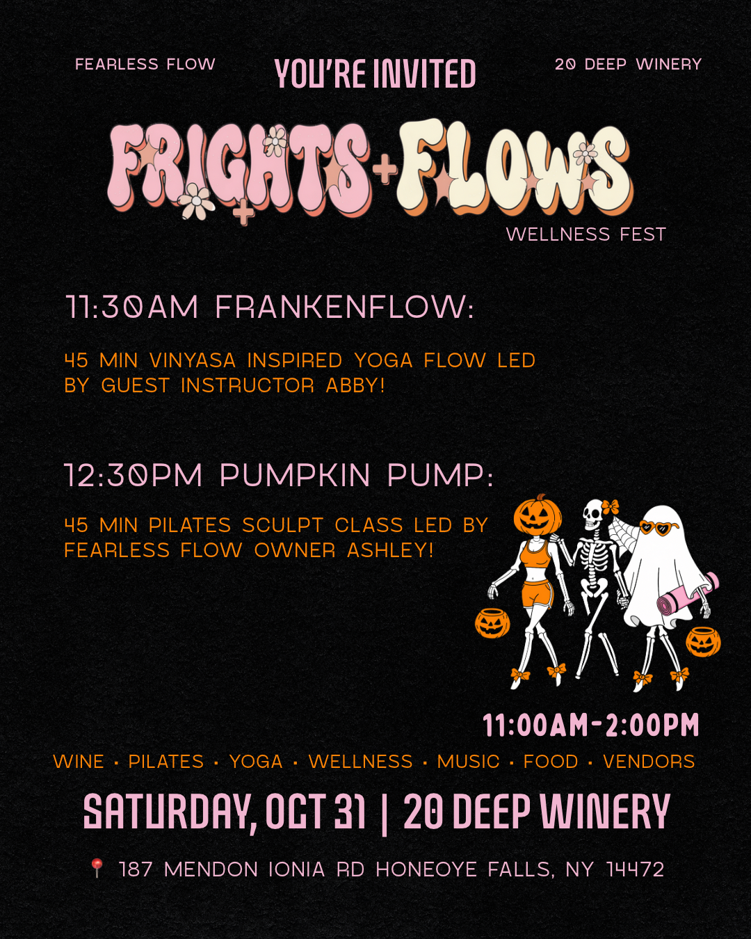 Frights + Flows class schedule — Frankenflow yoga and Pumpkin Pump sculpt Pilates