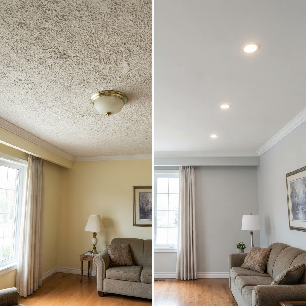 Popcorn ceiling removal before & after
