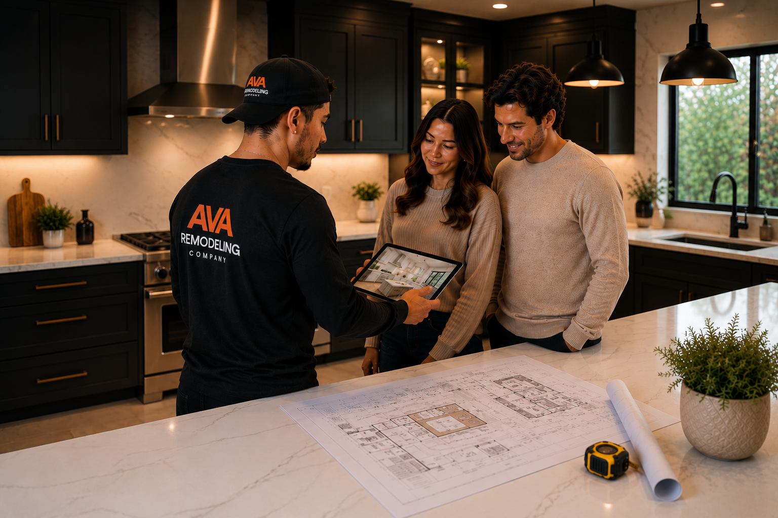 Professional remodeling consultation in a modern kitchen
