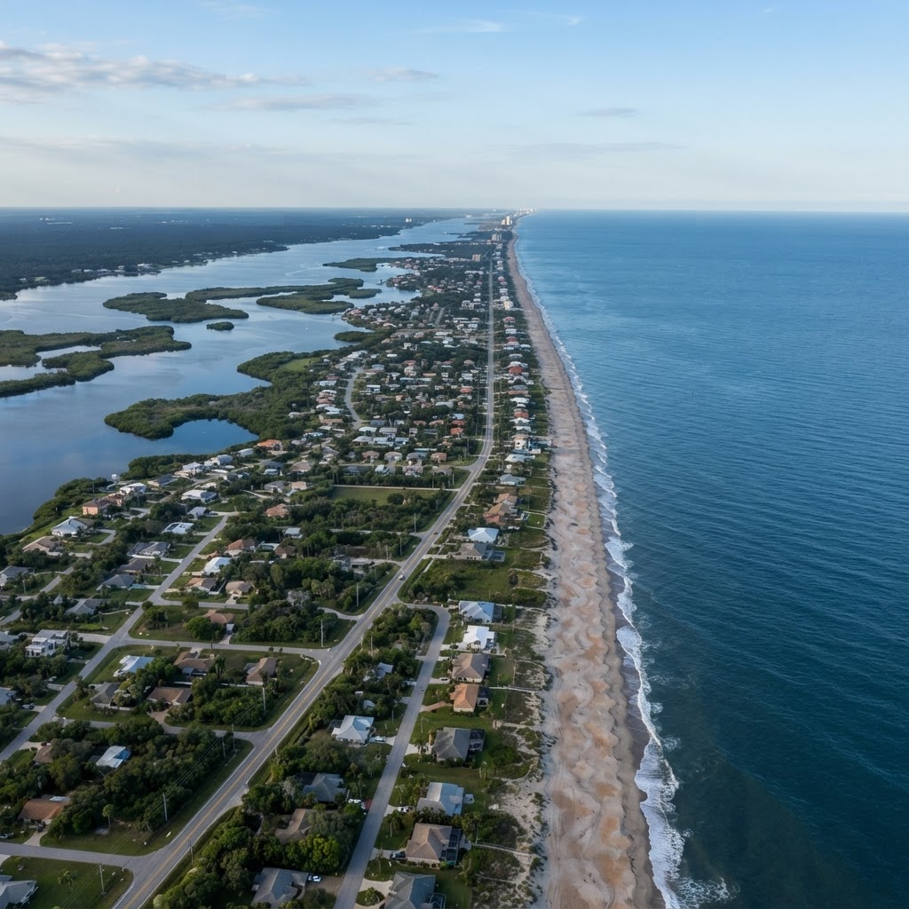 Aerial view of Florida coastline at golden hour