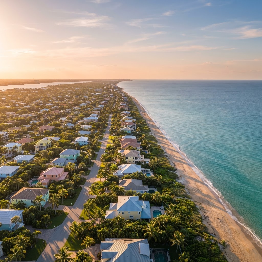 Aerial view of Florida coastline at golden hour