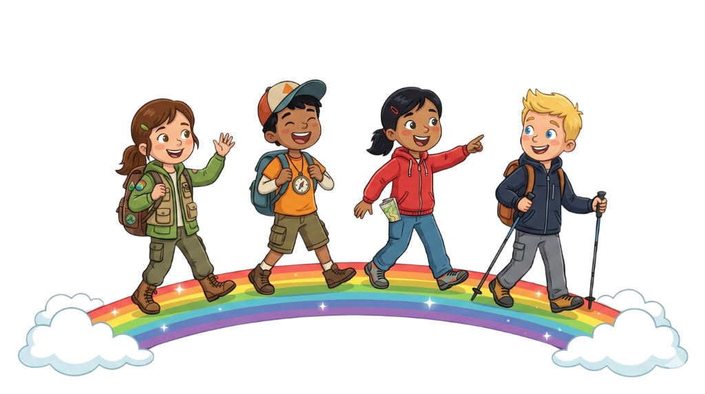 Children walking on a rainbow