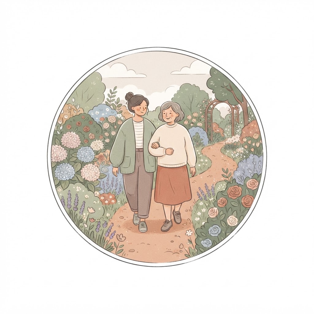 Two people walking together through a peaceful garden path
