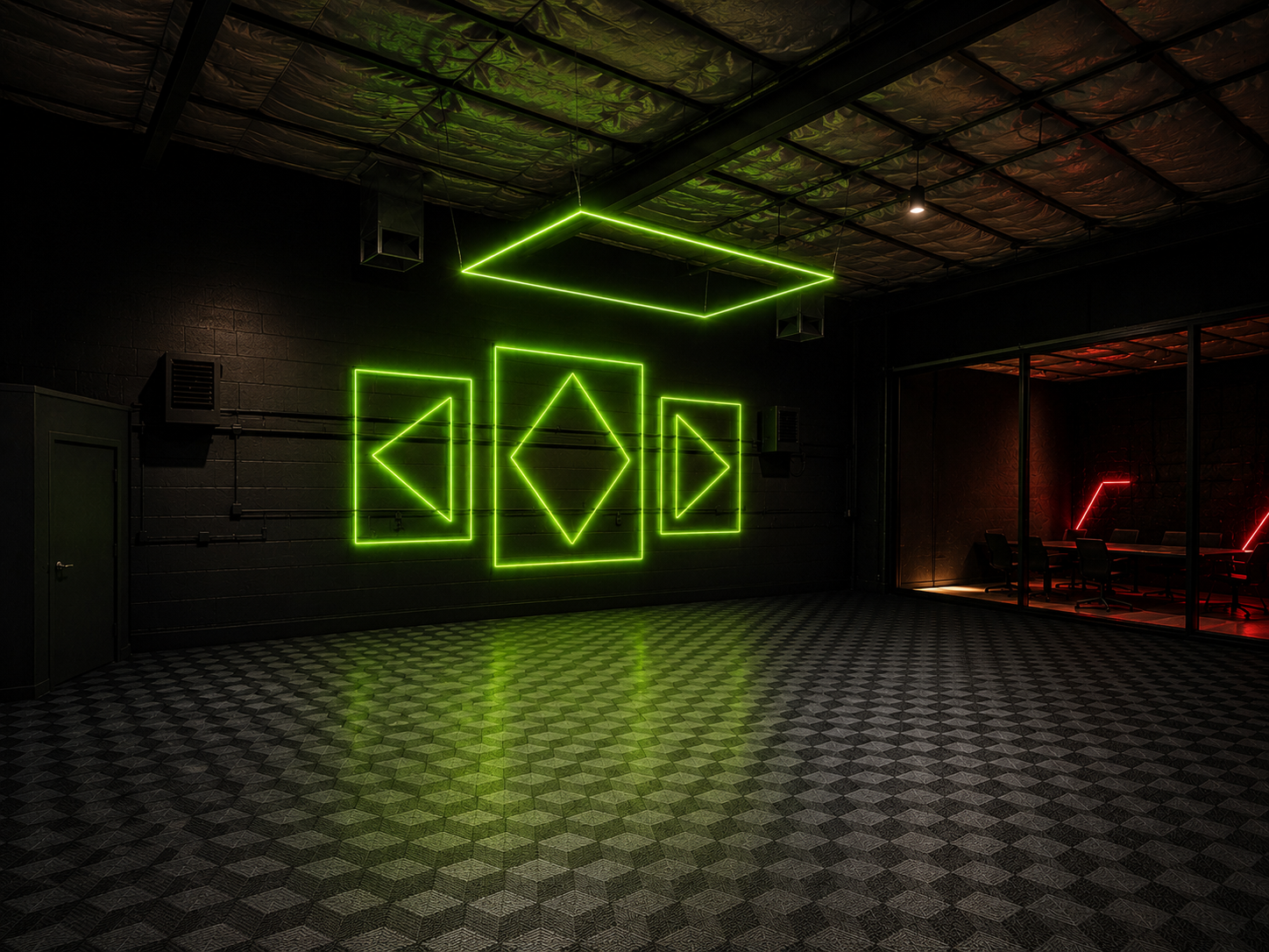 Dark room with acid-green geometric lighting on a block wall and a patterned floor