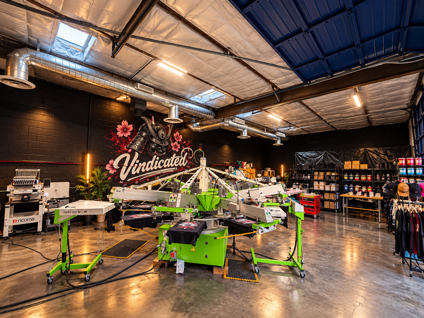 Screen-printing and embroidery shop with a carousel press, a Vindicated samurai mural, ink shelves and apparel racks