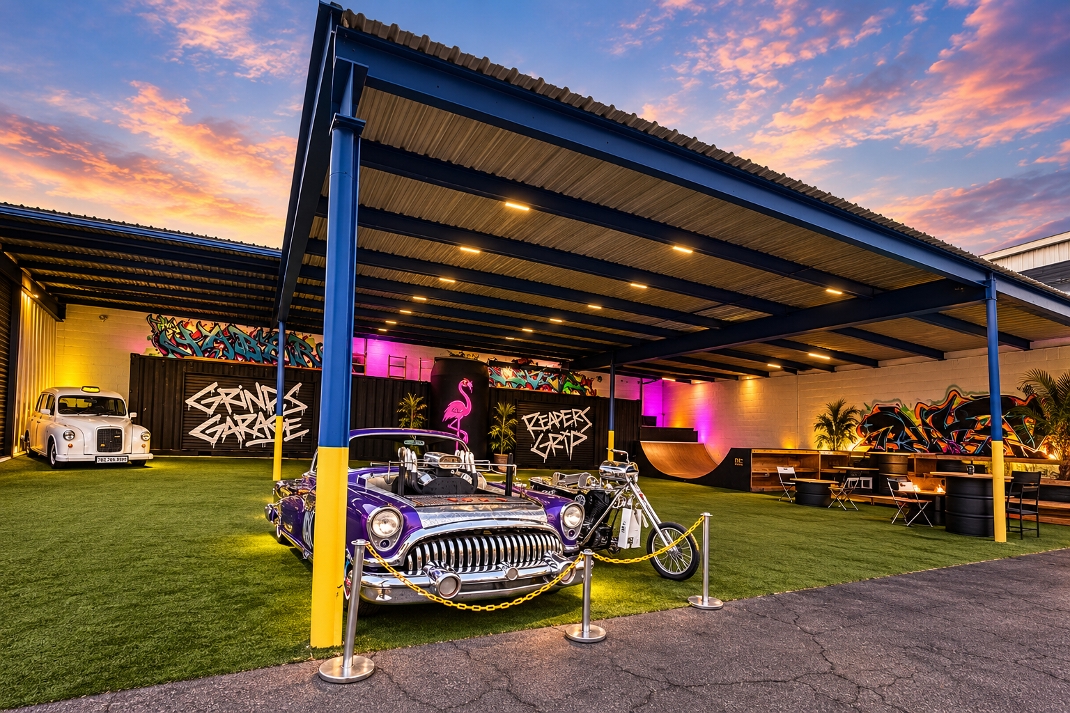Covered Paddock at sunset with a purple vintage car, a chopper motorcycle, a white taxi, murals and a skate ramp