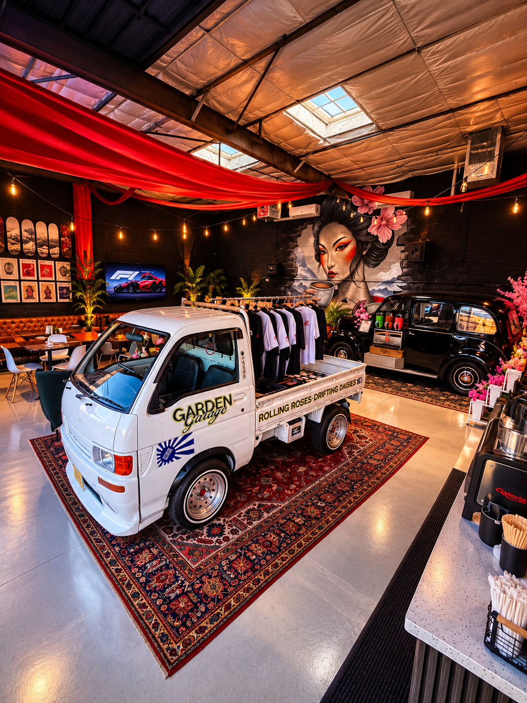 White kei truck on a Persian rug carrying a rack of black and white apparel, with the geisha mural and a black taxi behind it