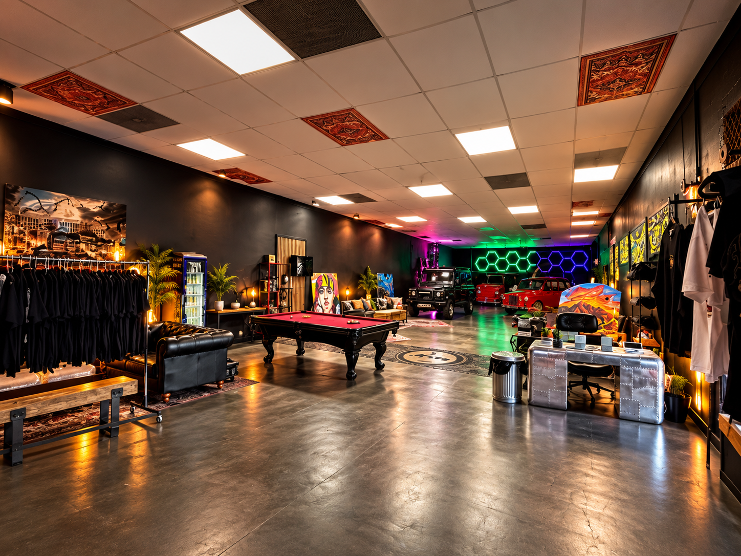 Wide gallery interior with a billiards table, apparel racks, artwork and cars at the far end